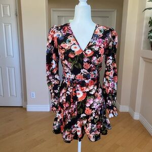 Boohoo Vibrant Floral Long Sleeve Belted Mini Wrap Style Dress - Black and Pink